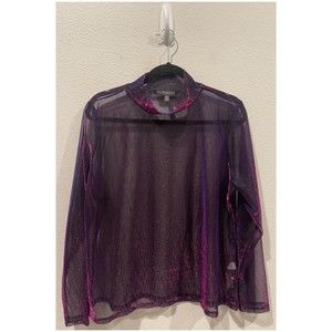 ELOQUII Metallic Purple Sheer Mock Neck Long Sleeve Blouse